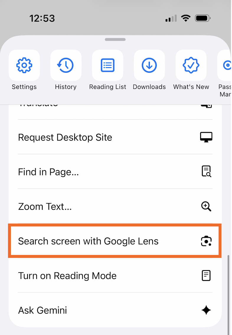 Expanded view of the Google Chrome menu with the search screen with Google Lens option highlighted. 