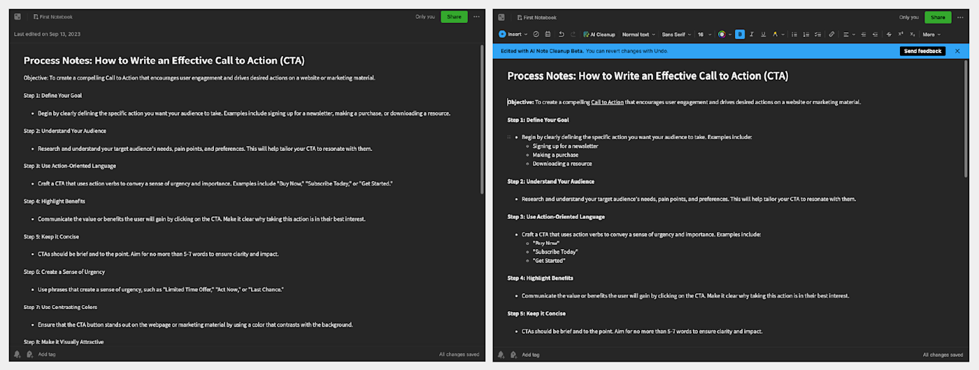 Screenshots from before and after using Evernote's AI Note Cleanup feature.