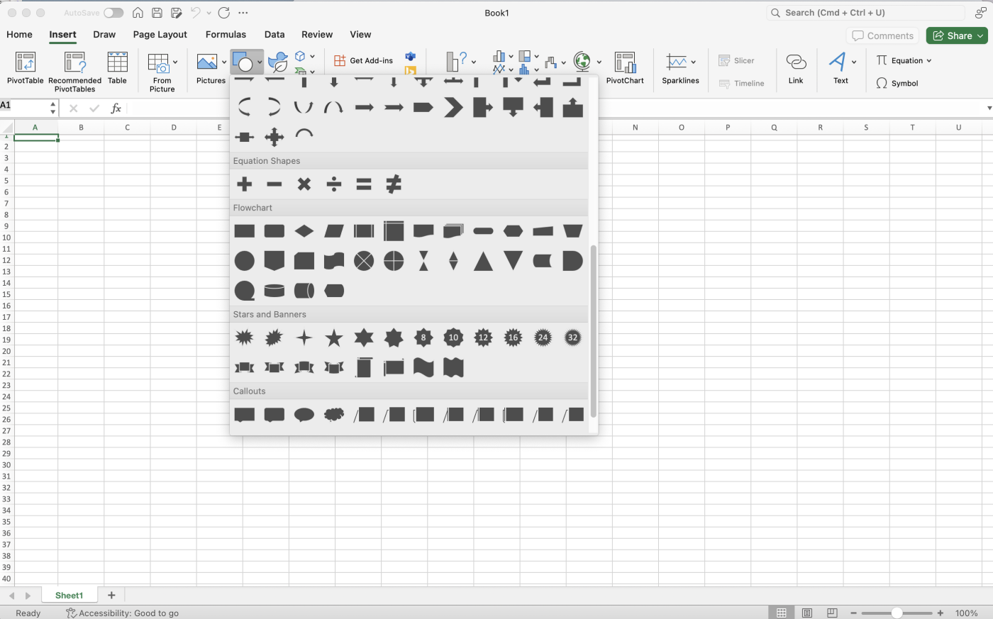 A screenshot of the Excel shapes tab.