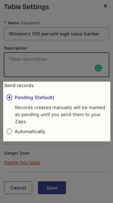 Table settings let you adjust whether manually-created can trigger Zaps automatically or be marked as pending. 