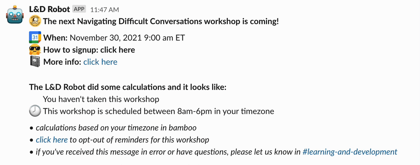 A formatted Slack message with static and animated emojis that announces the next Navigating Difficult Conversations workshop.