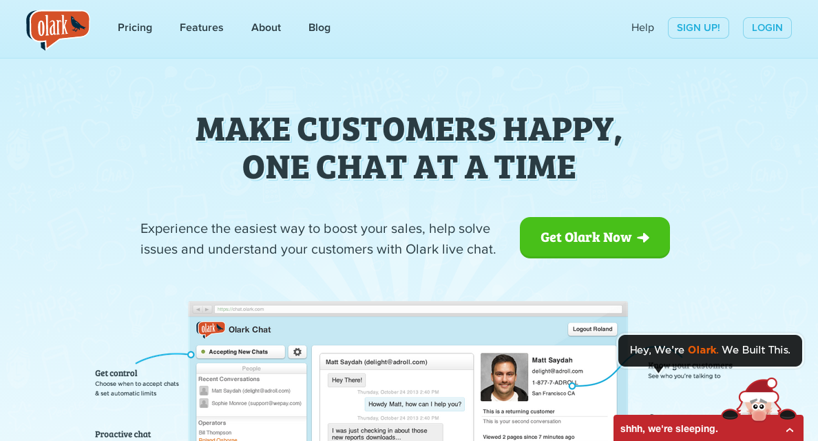 Olark connects company reps to potential customers via an intuitive, easy-to-use chat software.
