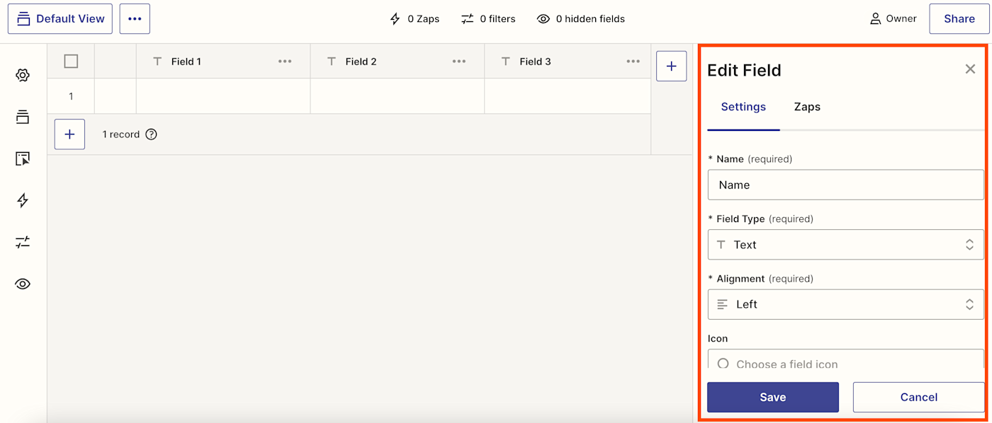 Screenshot of edit fields in table