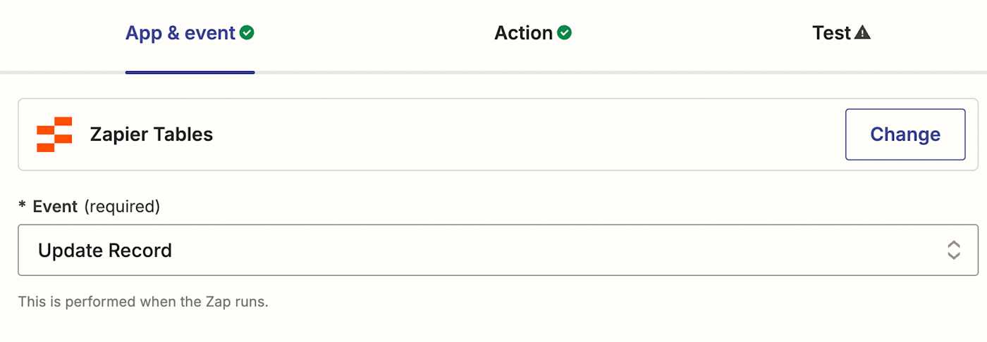 Screenshot of Zapier tables zap