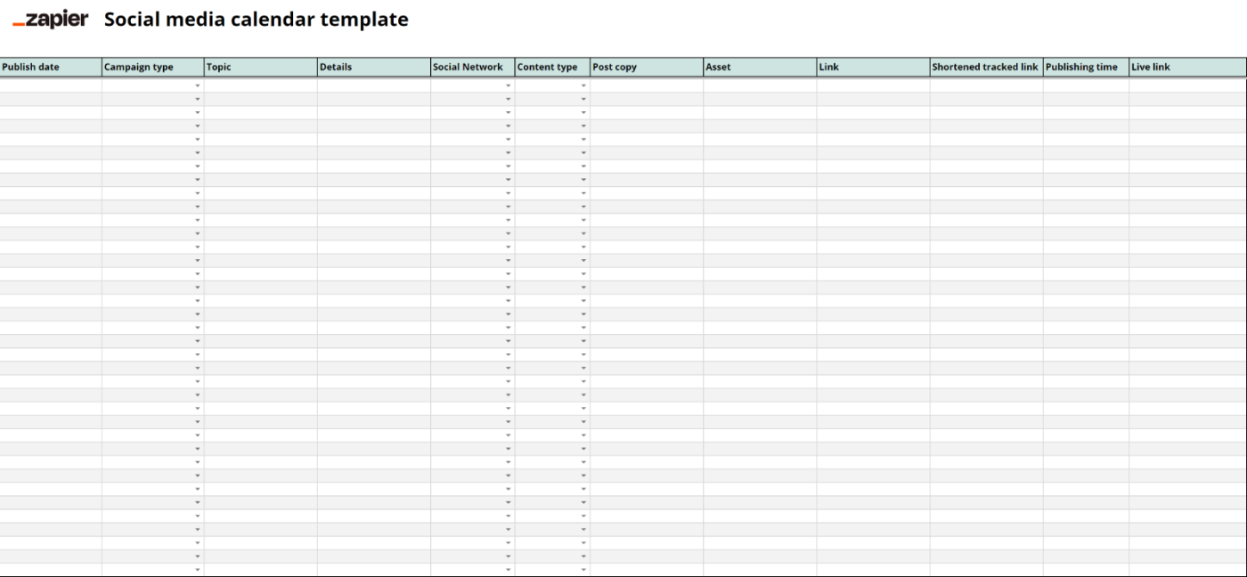 Screenshot of Zapier’s social media calendar Google Sheets template