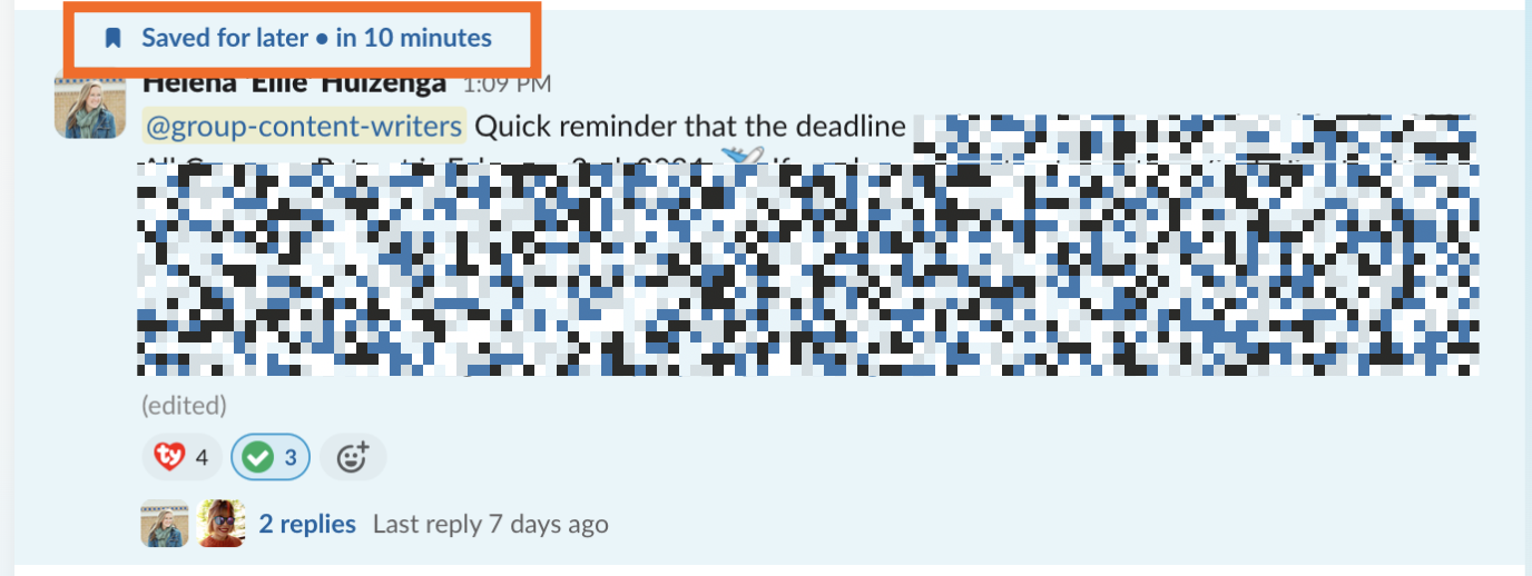 Example of a Slack reminder about a message.  