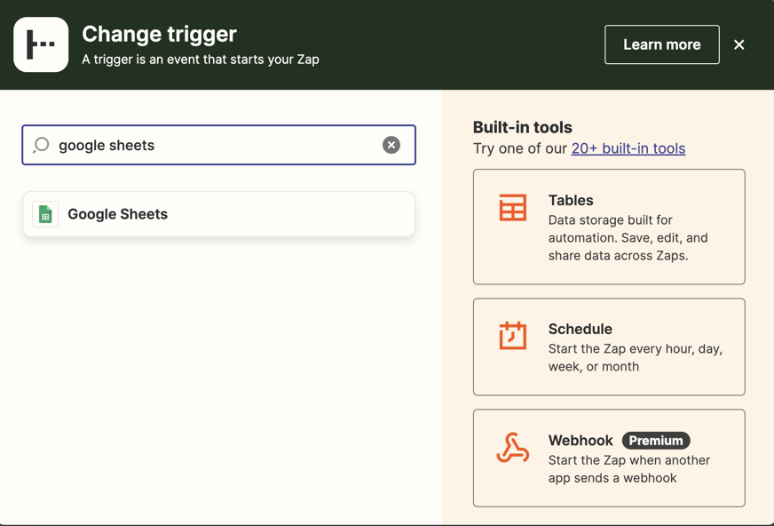 A trigger step in the Zap editor with Google Sheets entered in the trigger app search bar.