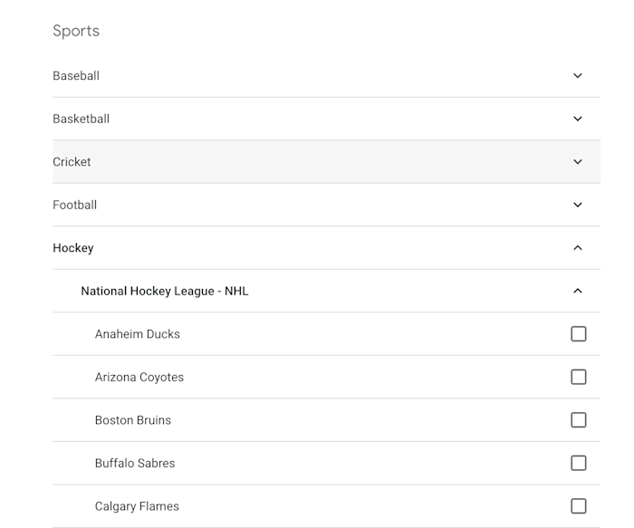 Sports schedules in Google Calendar