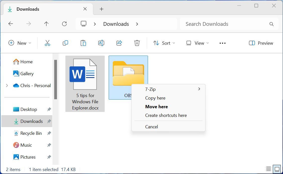 The drag-and-drop options in Windows File Explorer