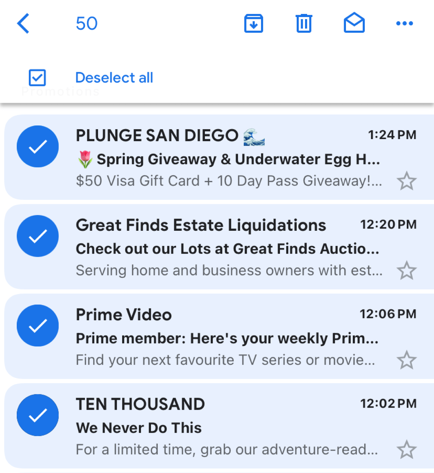 Screenshot of all emails selected in Gmail app