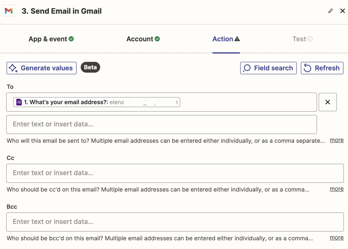 Screenshot of Gmail mapped fields in Zap editor