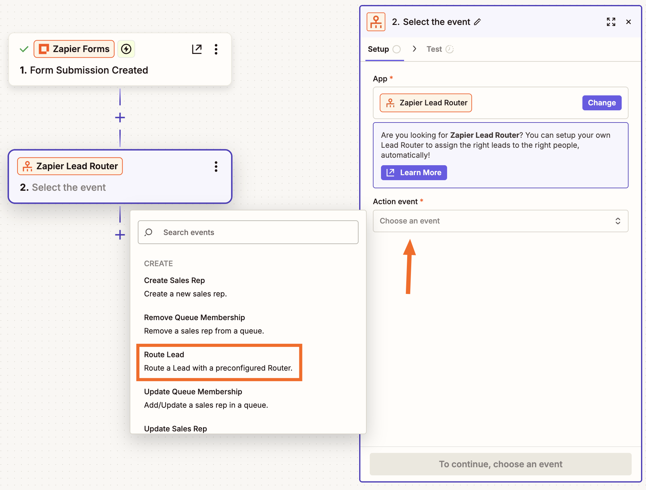 A window in the Zap editor with a modal where you can select a Zapier Lead Router action event
