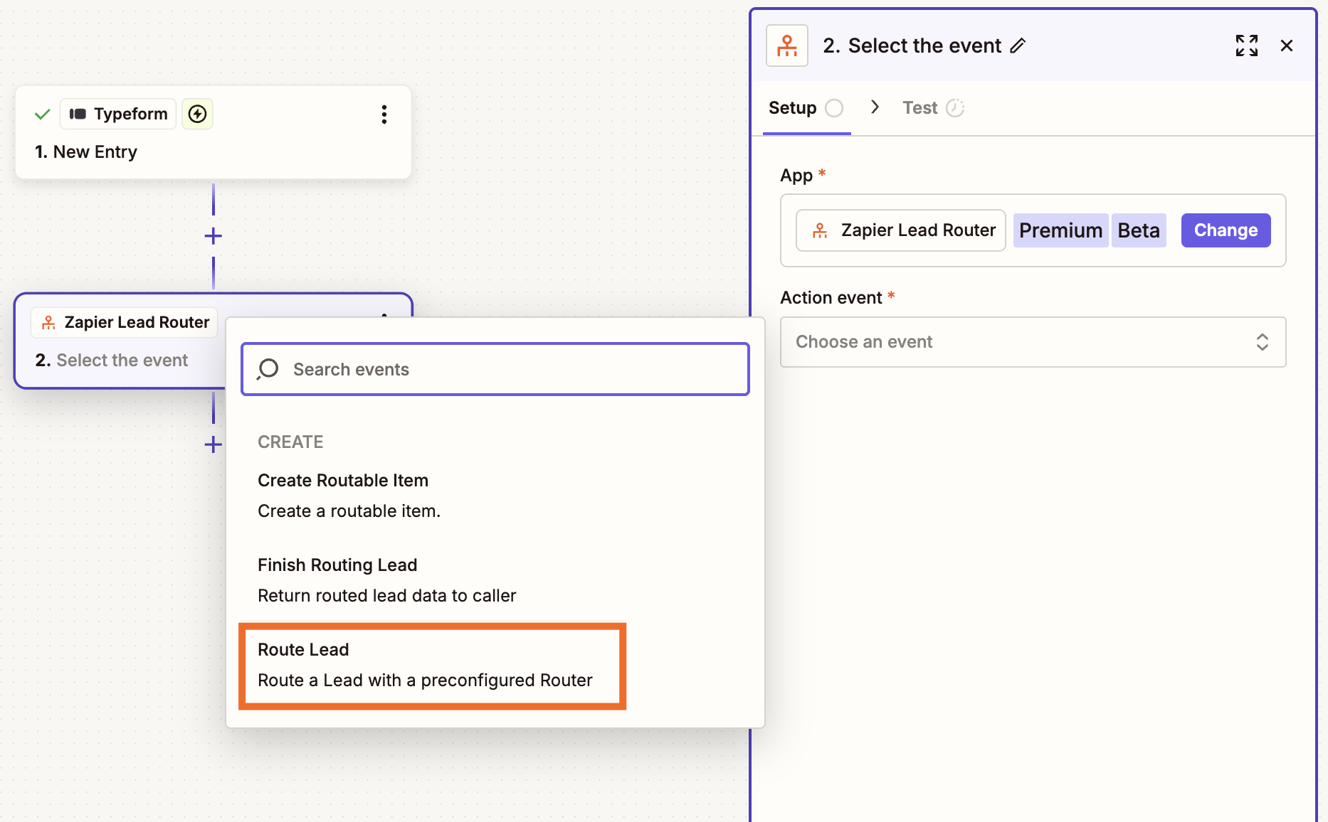 A window in the Zap editor with a modal where you can select one of three Zapier Lead Router action events