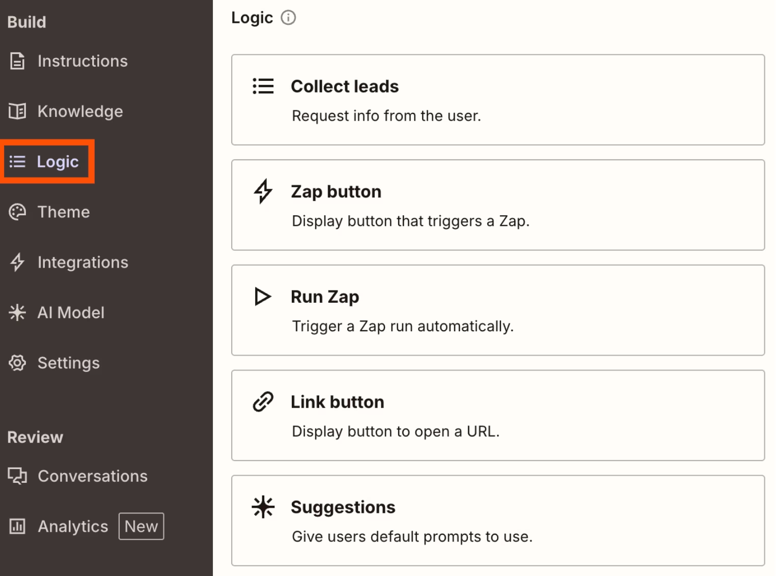 The Logic panel in the Zapier chatbot editor