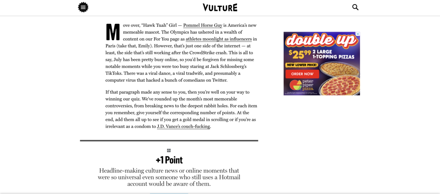 Example of top funnel marketing from Vulture