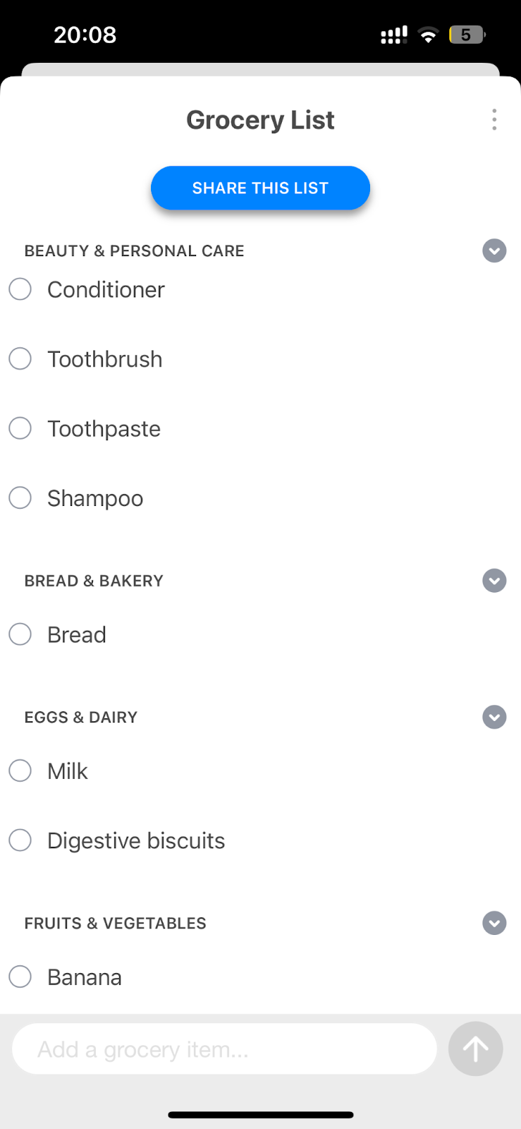 A grocery list in the Any.do app with all caps headings that say Beauty & Personal Care, Bread & Bakery, Eggs & Dairy, and Fruits & Vegetables, with several items listed under each