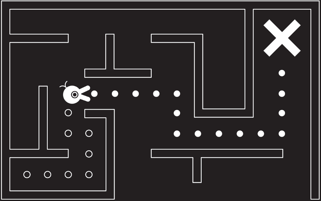 A dotted path through a black and white maze. The start of the path contains a trail of hollow circles that have been "eaten" by the game character. The remaining path contains a trail of filled-in circles that lead to a large "X" 