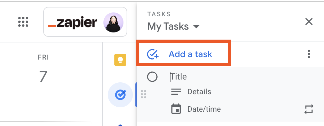 Expanded Google Tasks panel with "Add a task" selected.