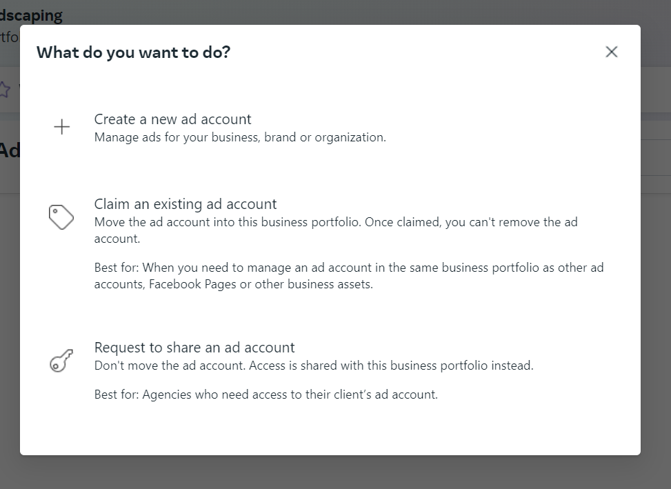 The options to add, claim, or share an ad account