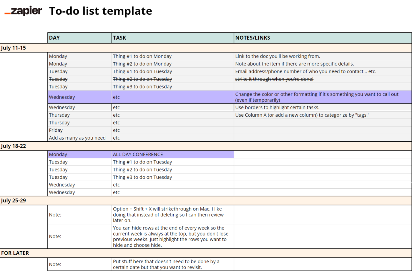 Screenshot of Zapier’s to-do list Google Sheets template