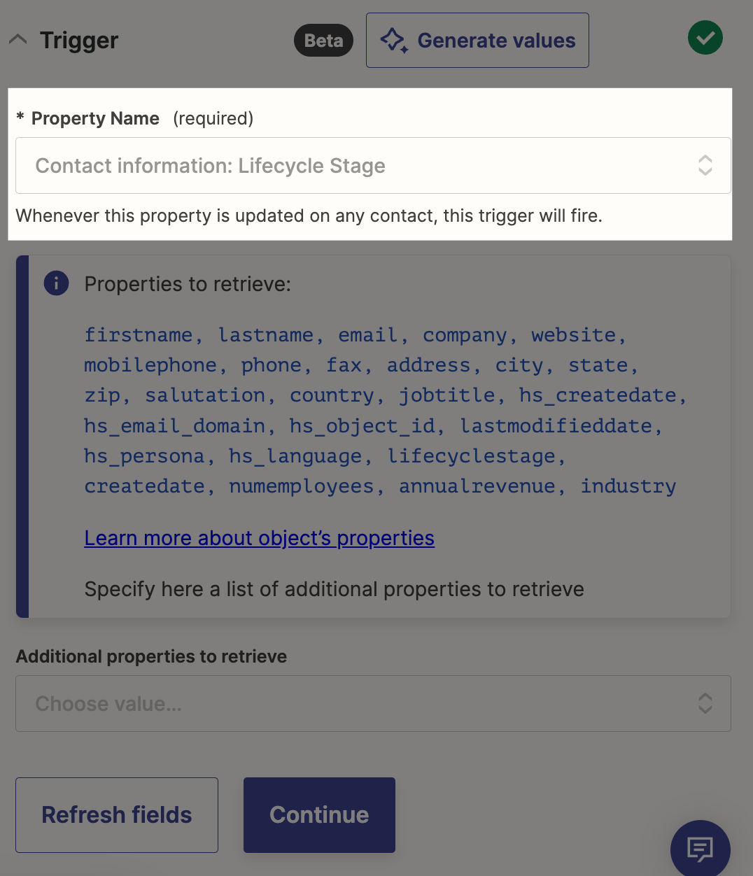 A screenshot highlighting the property name field for a Hubspot trigger step in the Zapier editor.