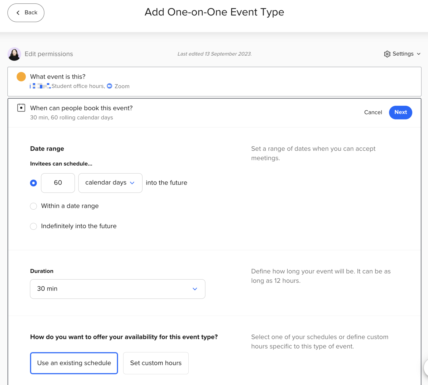 How to edit when people can book a one-on-one event type in Calendly.