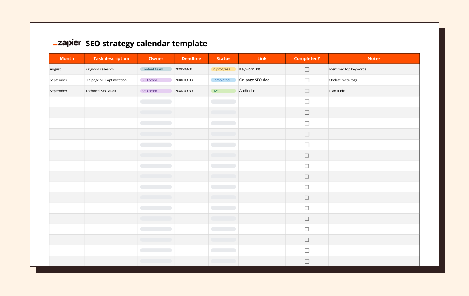 Screenshot of Zapier's SEO strategy calendar template