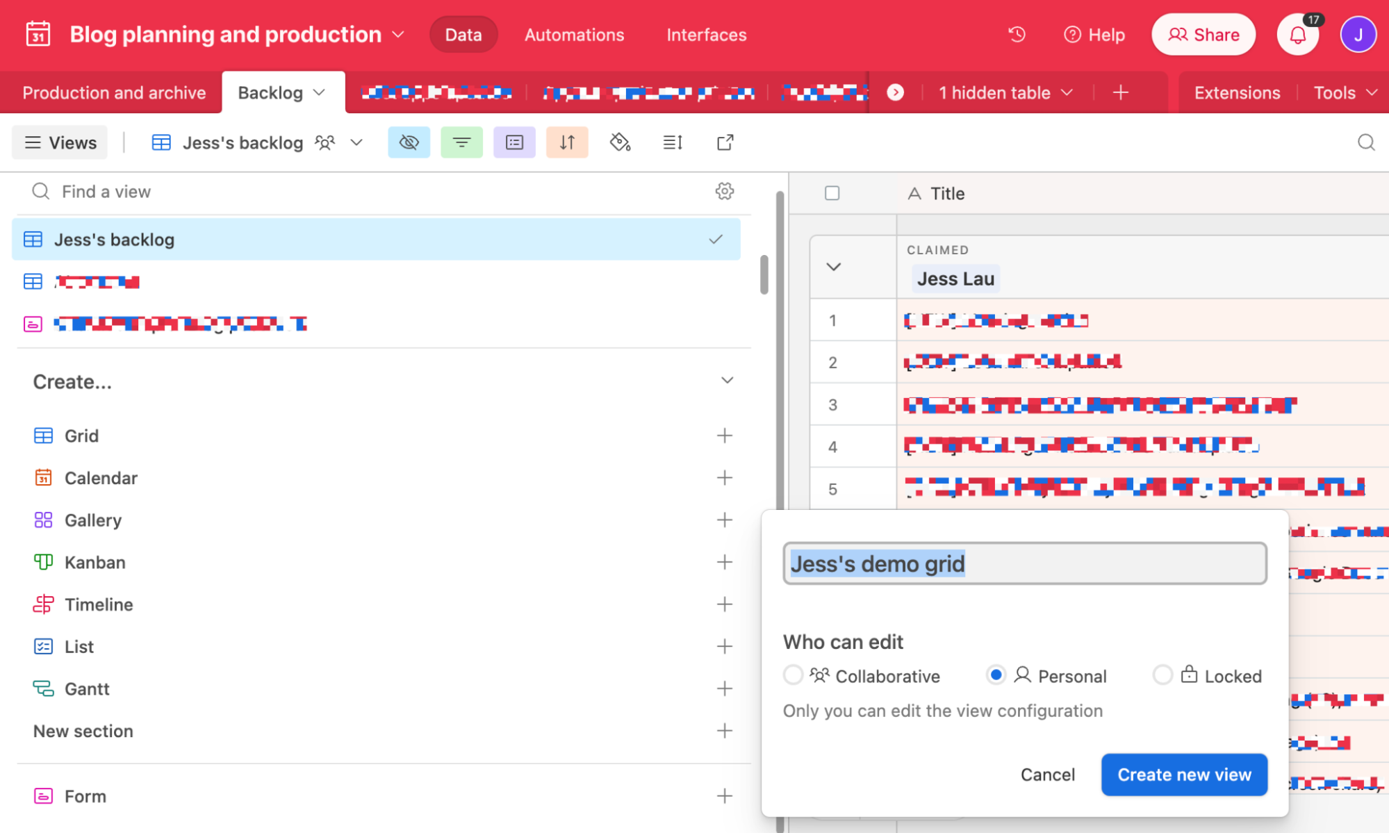 Popup window with edit permission options for a new Airtable view.