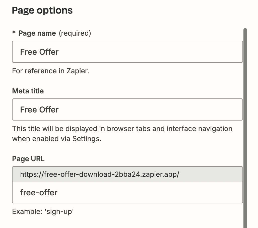 Screenshot of page options set up