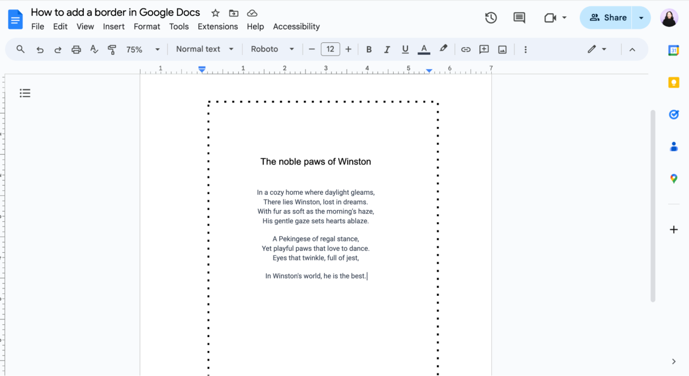 Black, dotted border around a poem in Google Docs 