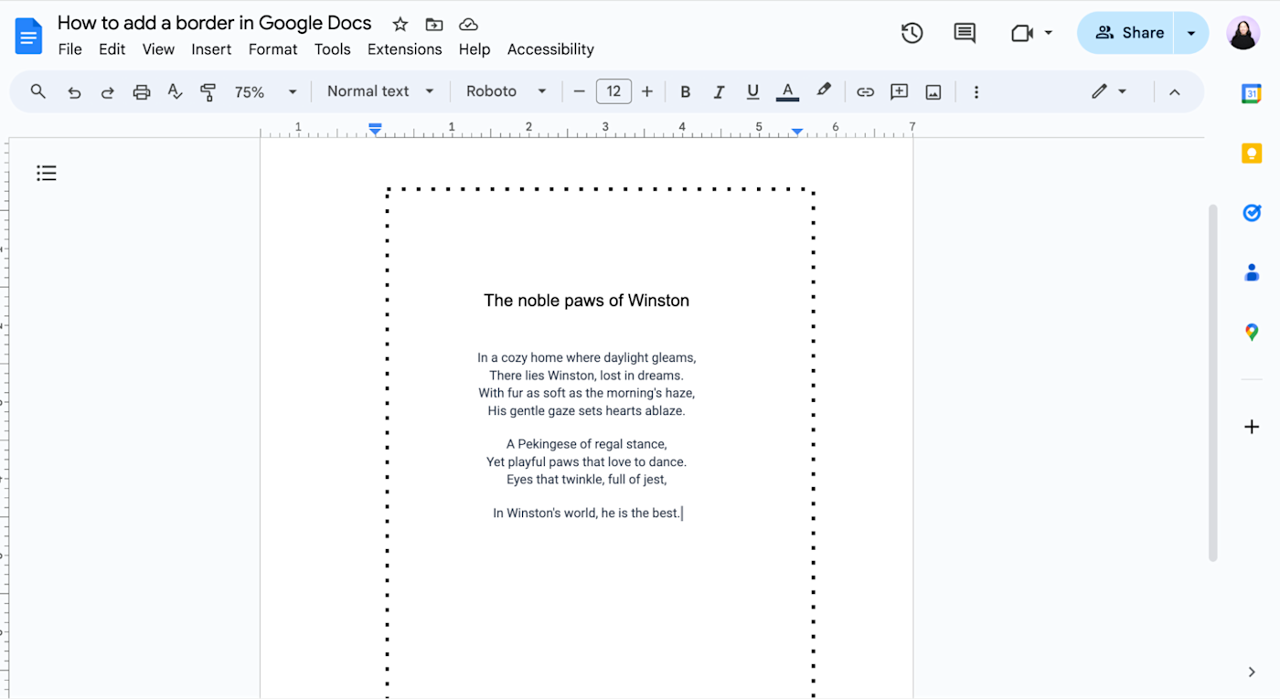 Black, dotted border around a poem in Google Docs 