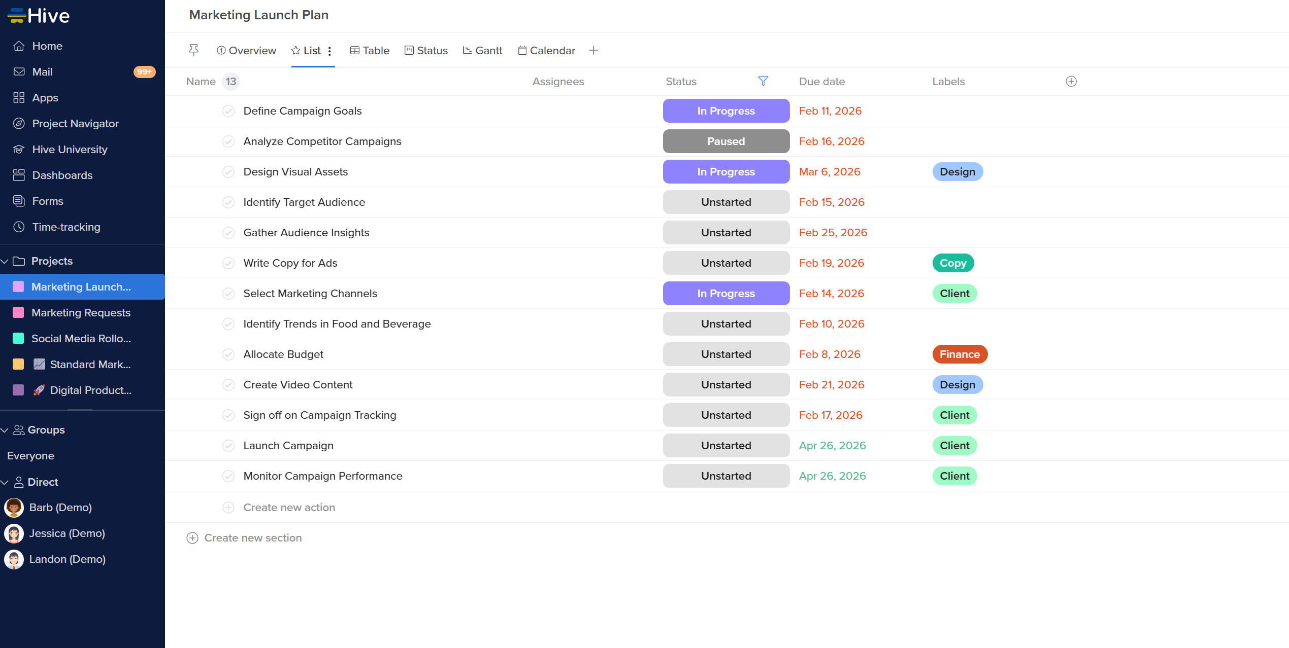 A screenshot of Hive's interface viewing a marketing launch plan project. There are tasks in a list view with columns for name, assignee, status, due date, and label, plus the option to add new custom columns