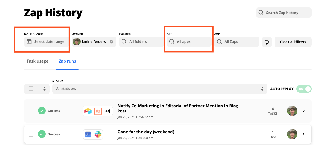Highlighting the Date Range and App fields in the Zap History page