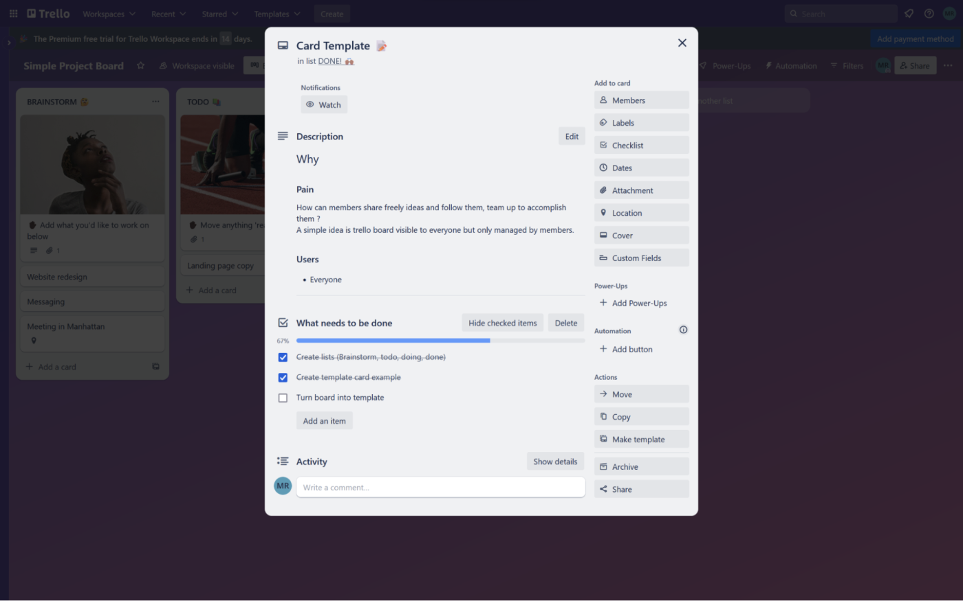 Detailed view of a Trello card