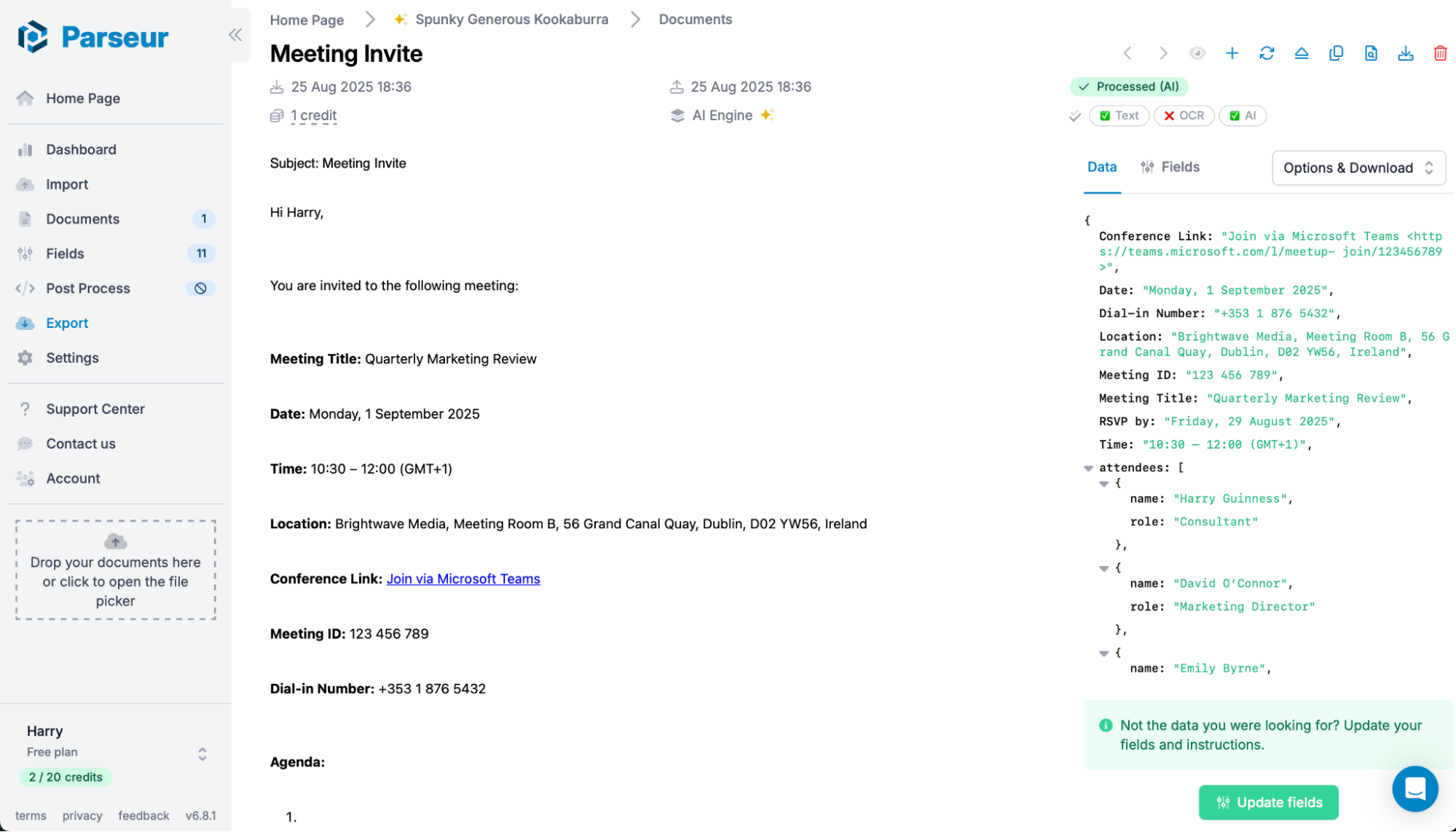 Parseur, our pick for the best email parser for advanced users and processing attached documents