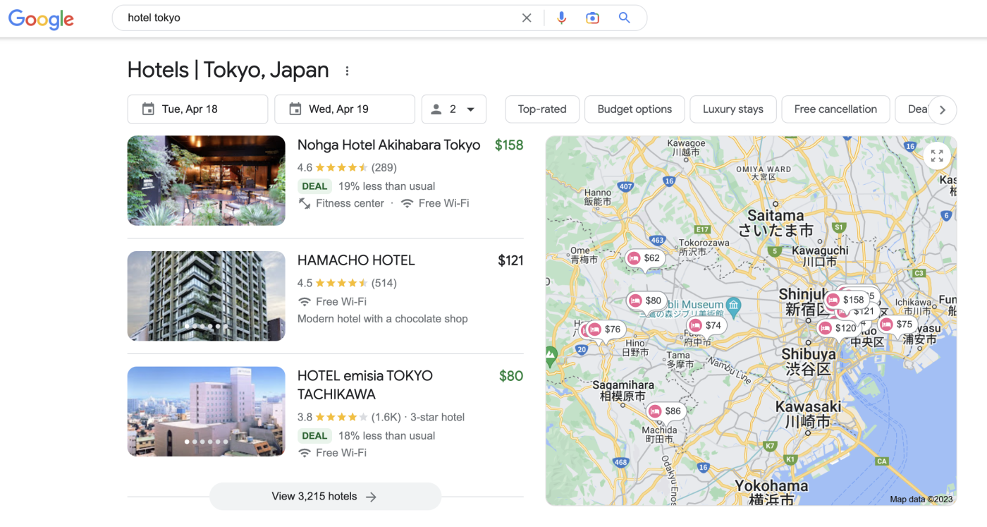 A list of hotel stay prices in Tokyo, Japan is displayed at the top of a Google Search results page with the words hotel Tokyo in the search bar.