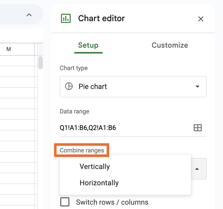 Screenshot of combine ranges dropdown in a Google Sheets pie chart settings.