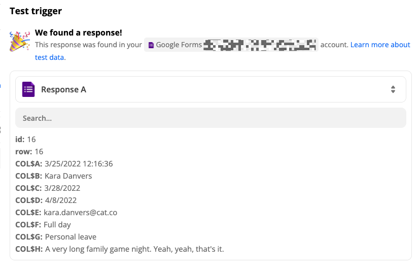 Testing the trigger in the Zap editor. The editor shows a success message for Google Forms.