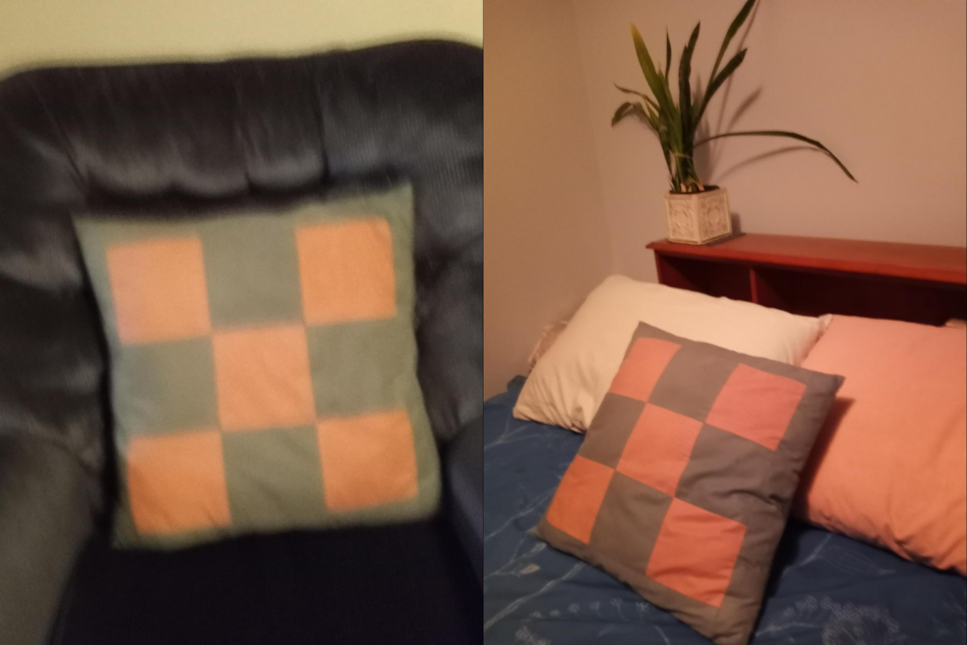 Two pictures of Kerri's pillow, one blurry, one not