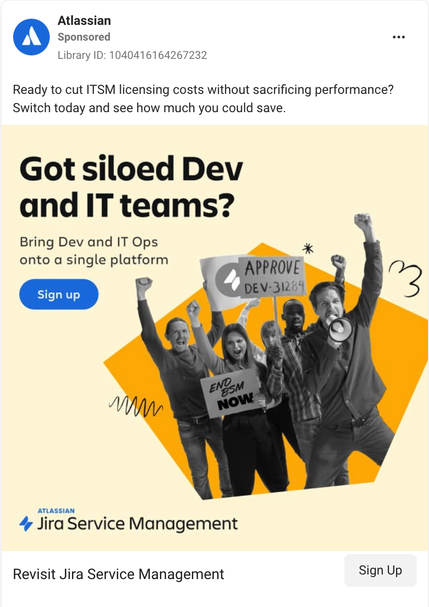 Problem/solution static Facebook ad example from Atlassian. 
