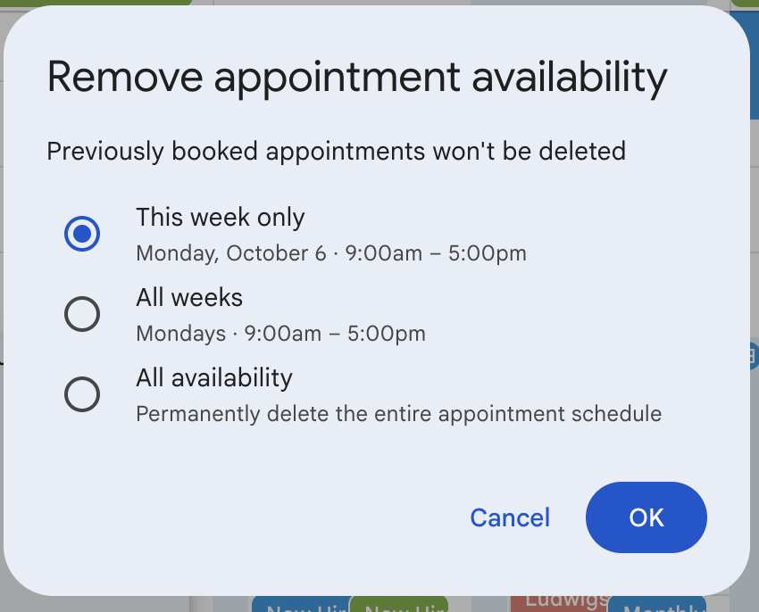Les options de suppression d'une planification des rendez-vous de Google Agenda
