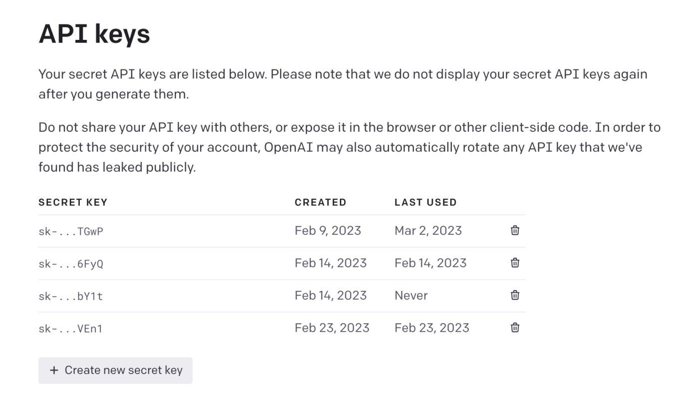 Screenshot of API keys setting