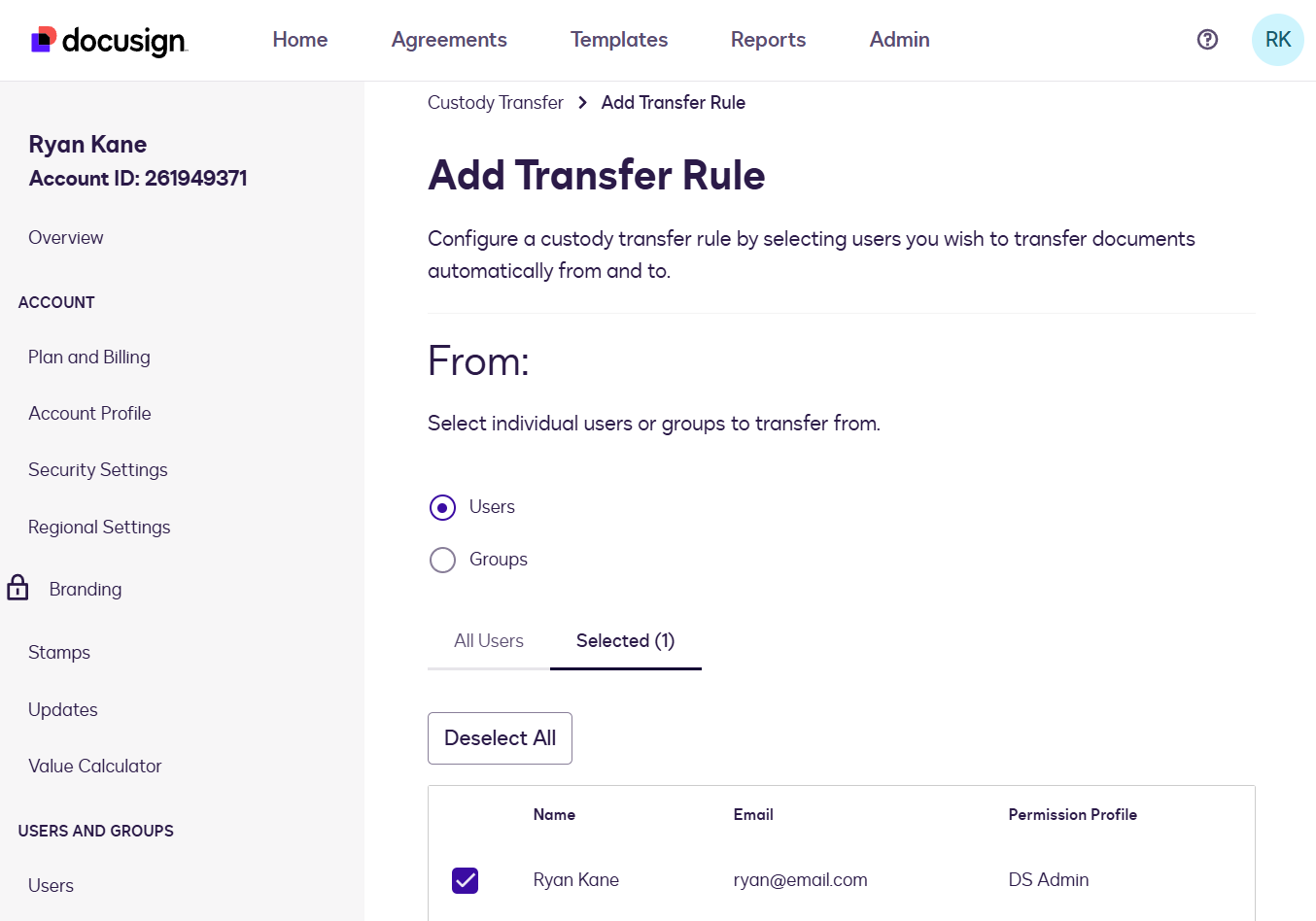 Adding a transfer rule in Docusign