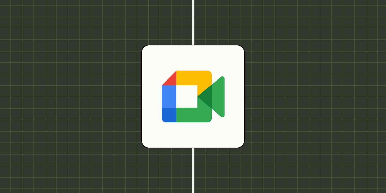 Google Meet app icon against a dark green checkered background.