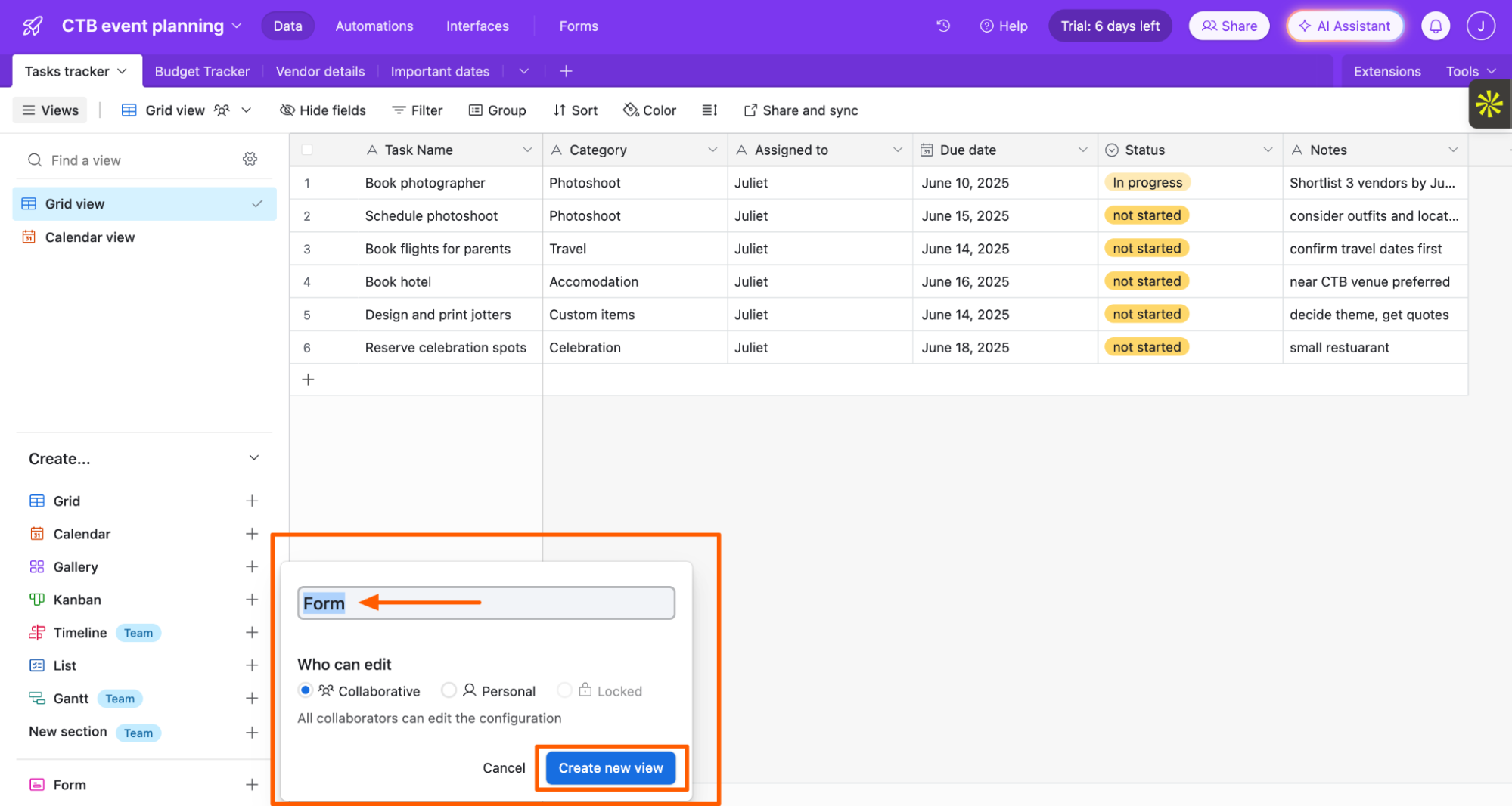 Naming a new form view of an Airtable base. 