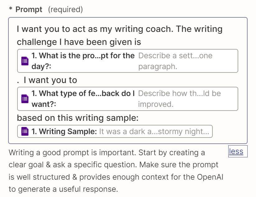 In the prompt field, a prompt along with data points from the previous Google Forms step has been added.