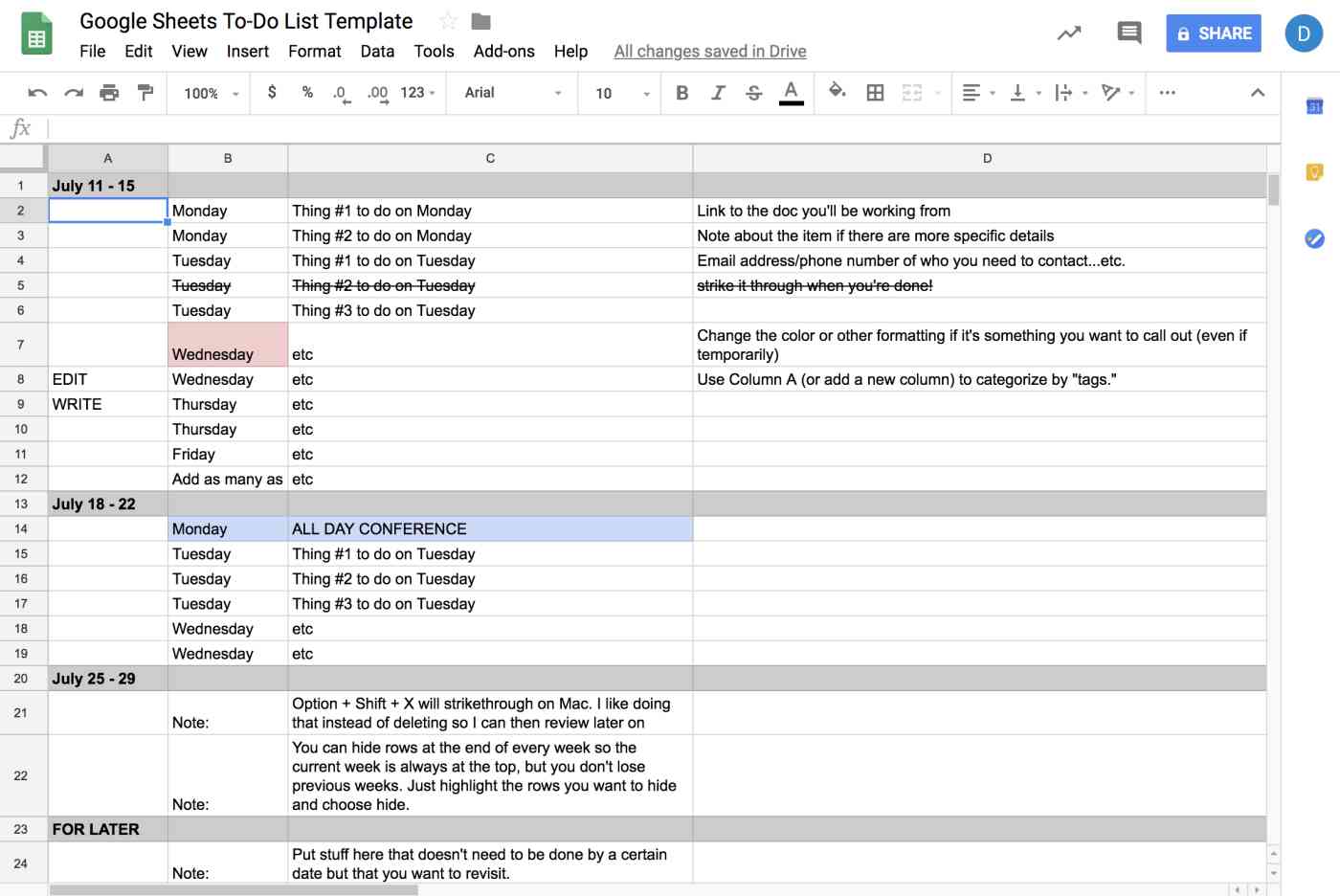 Deb's Google sheet's to do list system