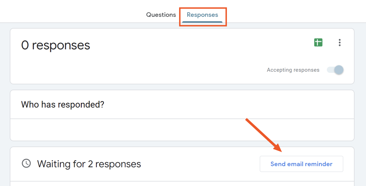 The Responses tab in Google Forms, with the option to send email reminder