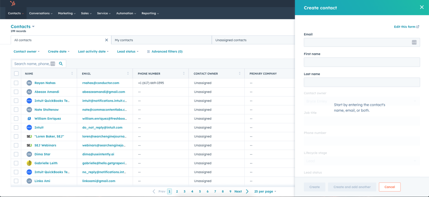 Screenshot of HubSpot's contact management platform