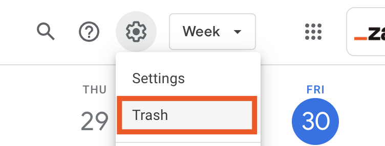 Portion of a Google Calendar with the Settings menu expanded and the "Trash" option selected. 